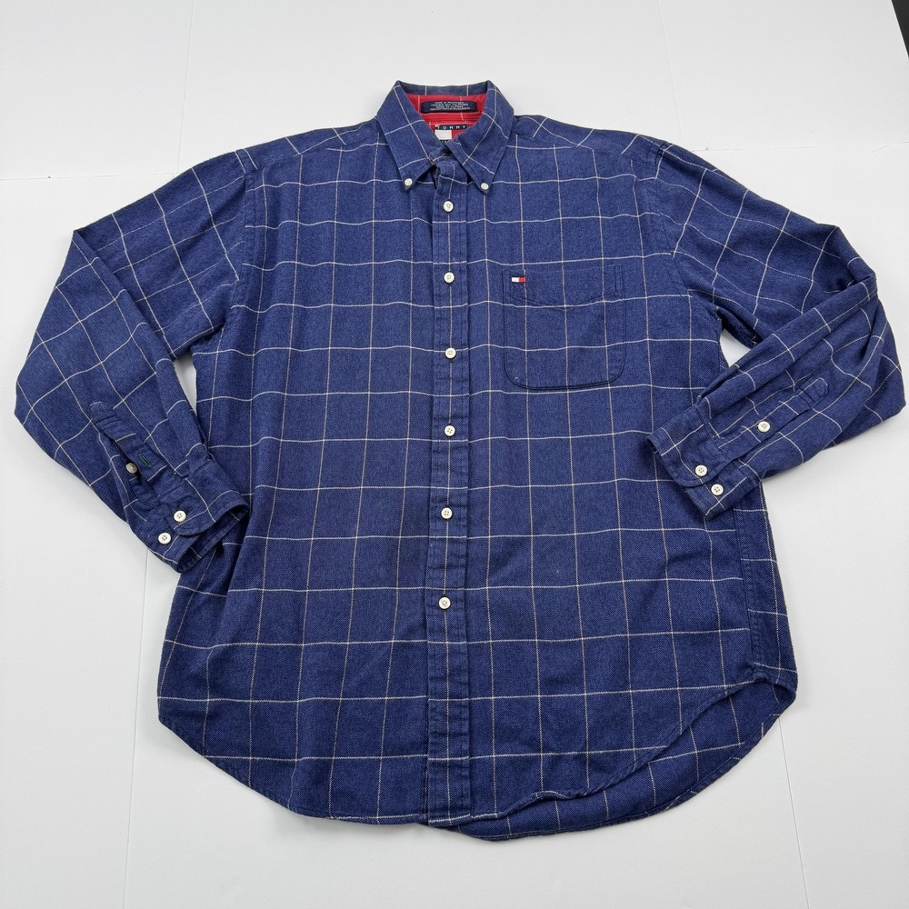 Tommy Hilfiger Shirt Mens Medium Blue Windowpane Plaid Button Up Pocket Classic